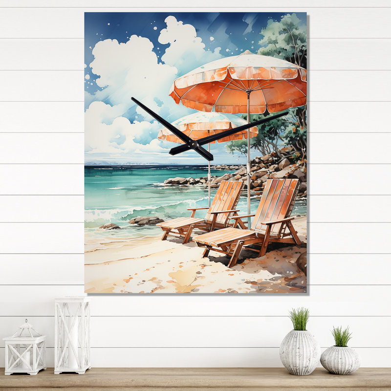 Vintage Beach Chairs Scenery II - Horloge murale rétro nautique et plage, Petit