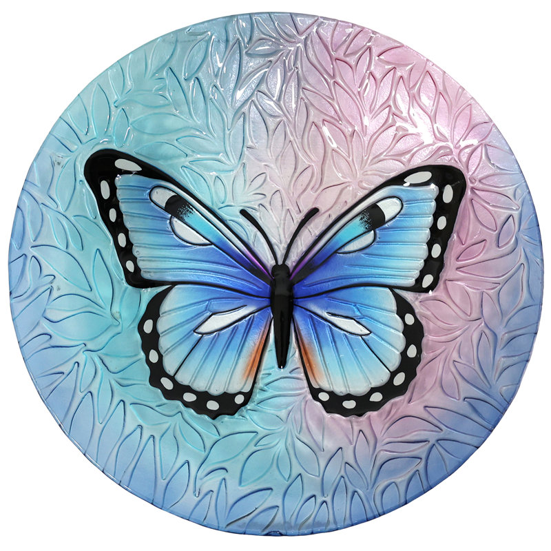 18"x18"x24" Colourful Glass Birdbath with Stand-Butterfly
