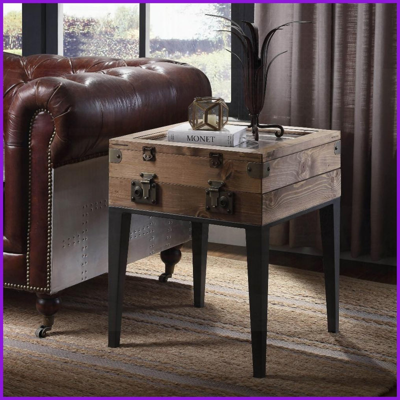 Chêne rustique & amp; Table basse gris mat avec rangement de style coffre, pieds fuselés en bois pour le salon