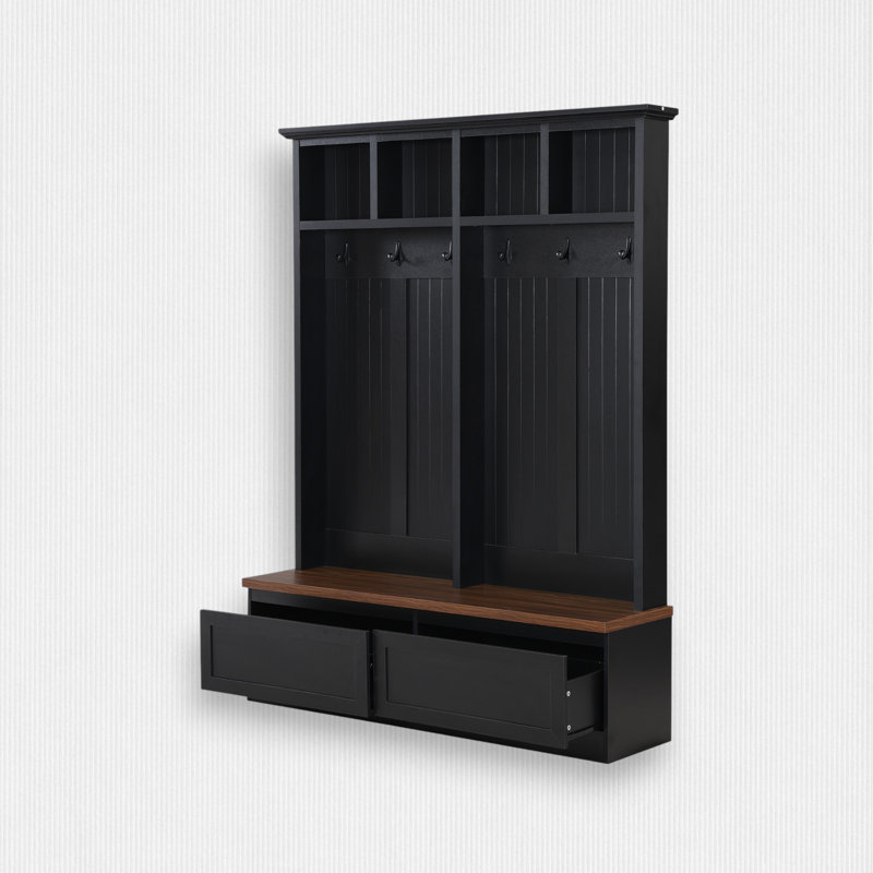 Hall Tree 55.9'' Wide with Bench, Black/Dark Walnut