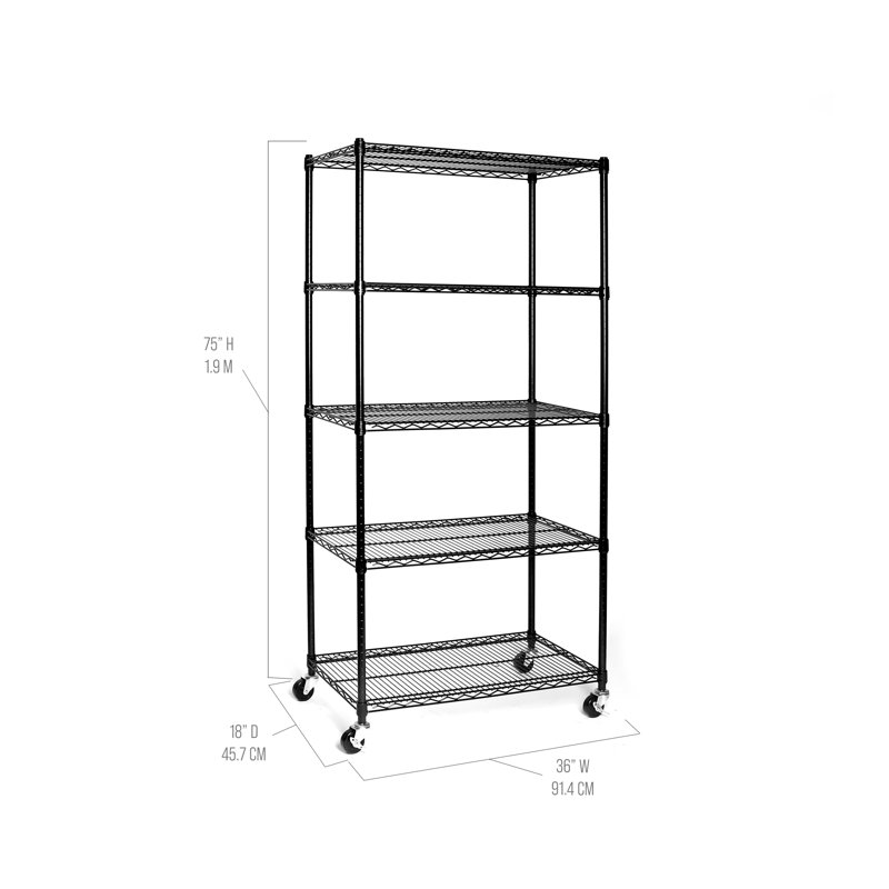 36" Black 5-Tier NSF-Certified Steel Wire Shelving with Wheels