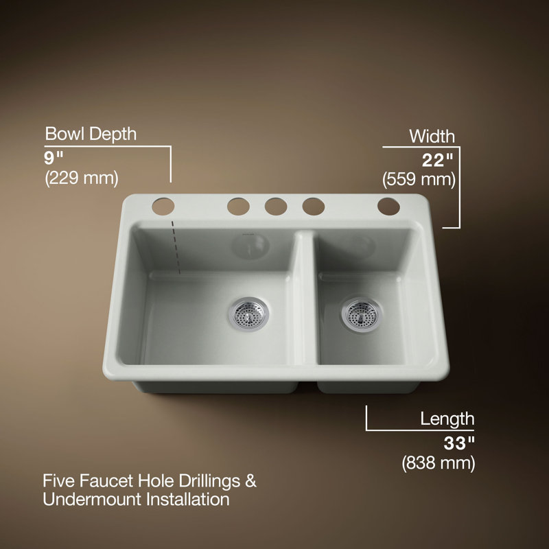 Riverby 33" Enameled Cast Iron Undermount Double Basin Kitchen Sink, Sea Salt