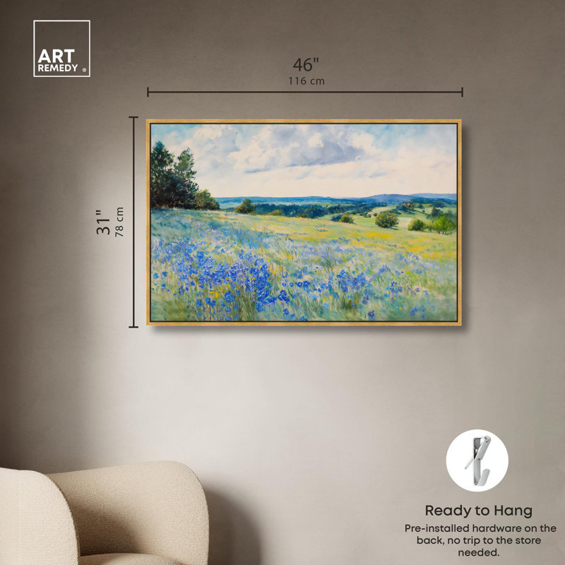«Sky Over Blue Fields» par Art Remedy, H 31 po x l 46 po, Cadre flottant doré