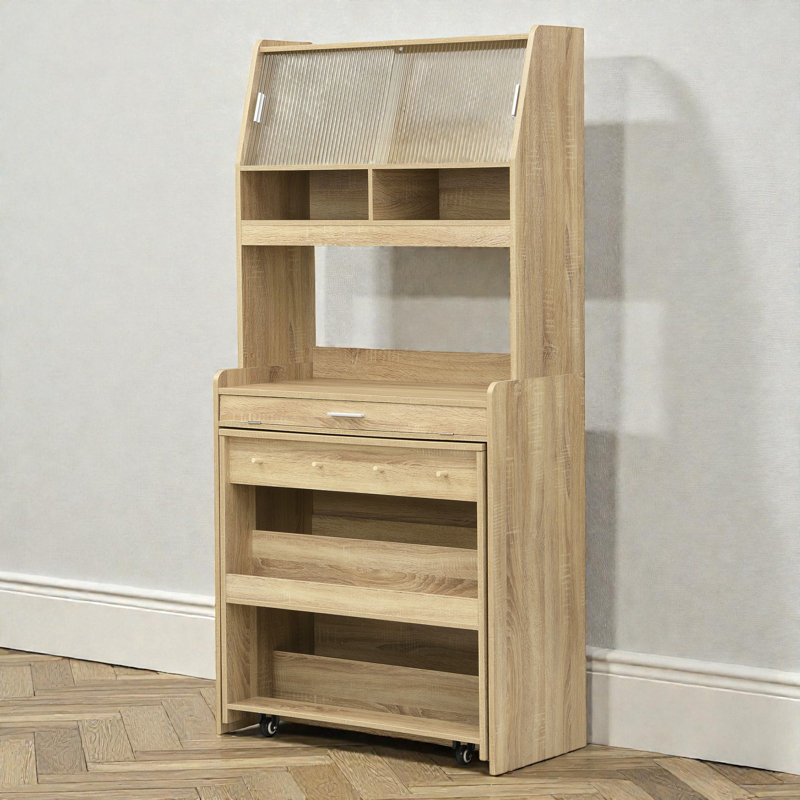 Kitchen Pantry With Foldable Dining Table, Natural