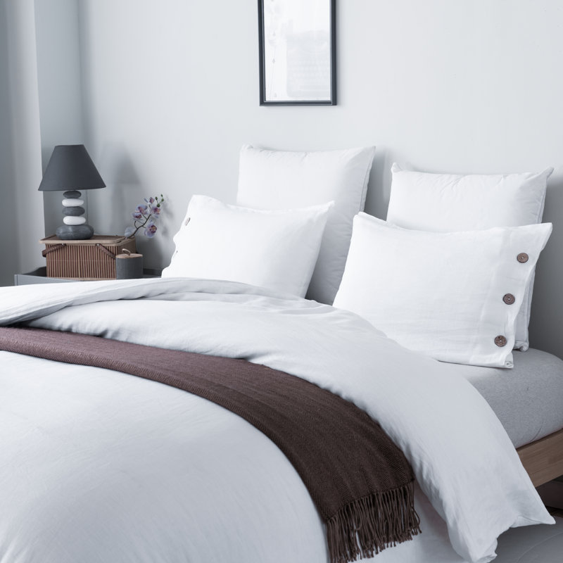 MeadowPark 100% French Linen Duvet Cover Set, Stone Washed Reversible Bedding 3 Piece Set, OEKO-TEX Certified, White