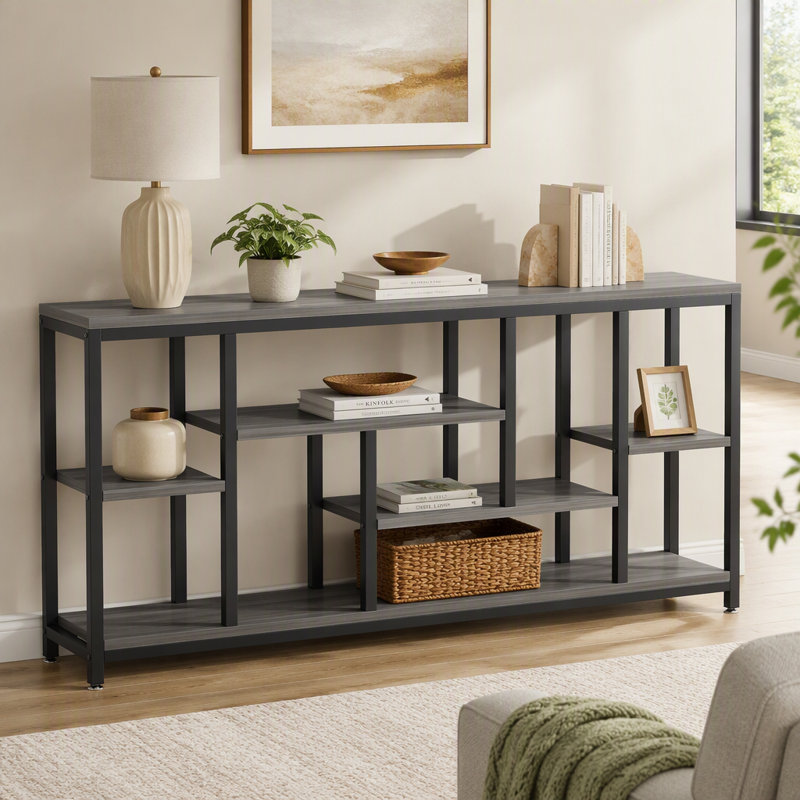 Table console 70,9 po avec tablettes de rangement, Gray / Black, Gray