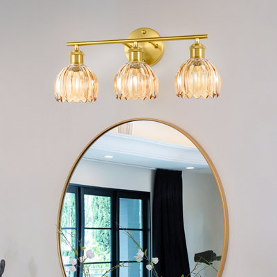 Vintage 3 - Light Brass Vanity Light With Tulip Amber Glass Shades For Bathroom, Living Room Bedroom