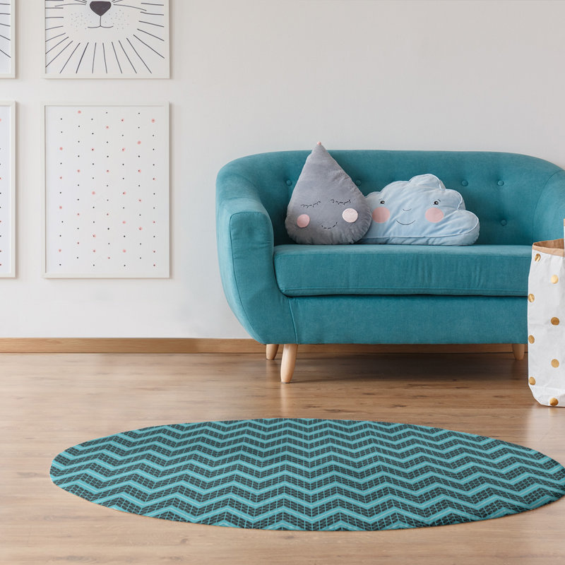 Tapis bleu/noir à chevrons à main inversé, Rond 5 pi