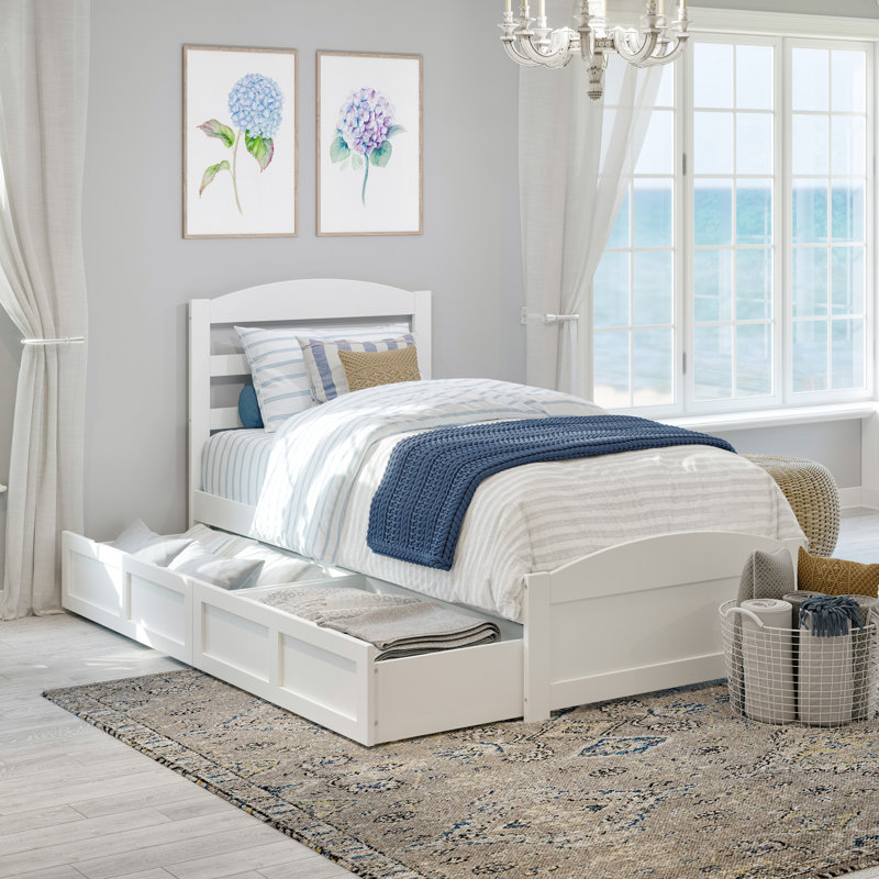 Elliana Solid Wood Platform Bed with Footboard & Storage Drawers, White, Extra-Long Twin
