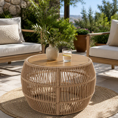 Round Acacia Wood Side Table with Rope Frame, No Assembly Required, Weather-Resistant Accent Table for Patio Backyard Living Room