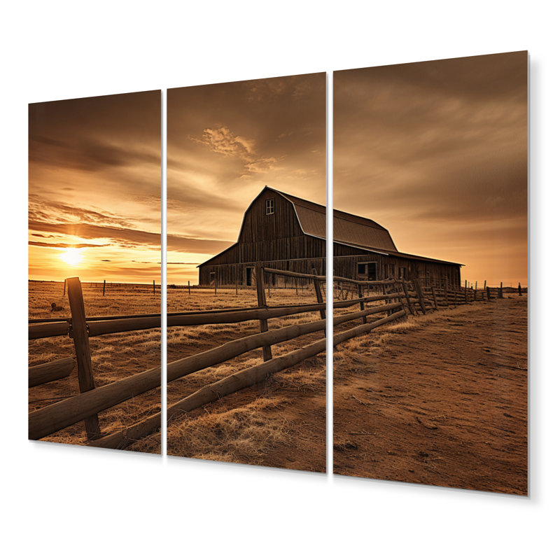 Paysage de grange au crépuscule II, reproduction sur toile 3 pièces, H 28 po x l 36 po x P 1 po, Metal