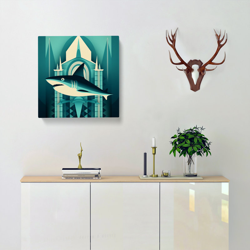 Shark Art Deco - Wrapped Canvas - Framed Print, 35cm H x 35cm W x 3cm D