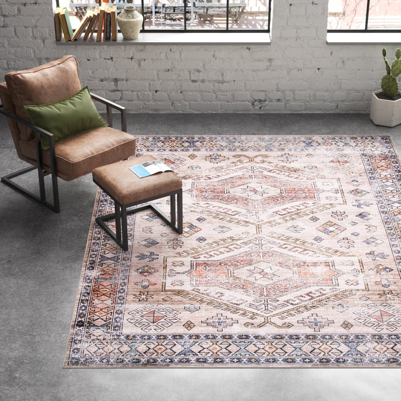 Otis Medallion Machine Washable Area Rug for Living Room Bedroom Dining Room Kitchen, Peach/Ivory, Rectangle 4' x 6'