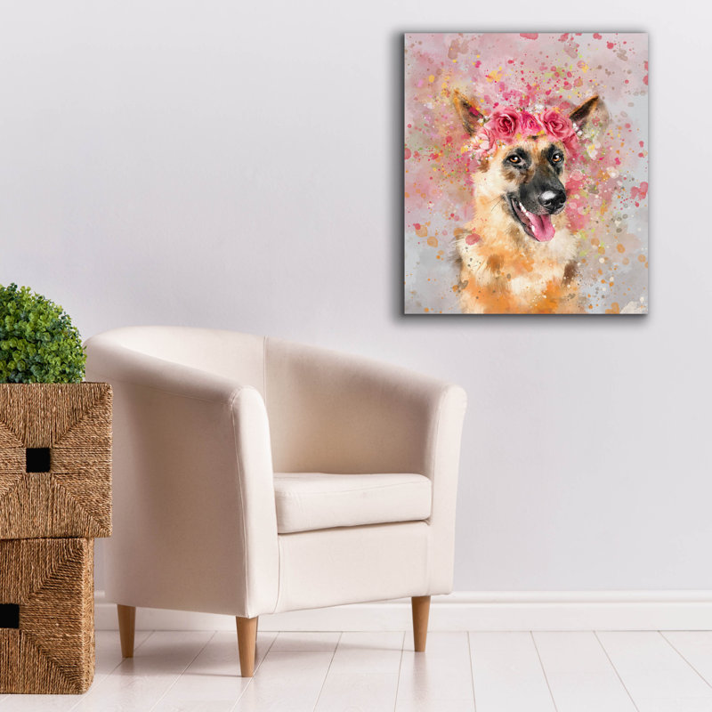 «Flower Crown German Shepherd» par Furbaby Affiliates, art mural sur toile, H 30 po x l 26 po x P 1,5 po