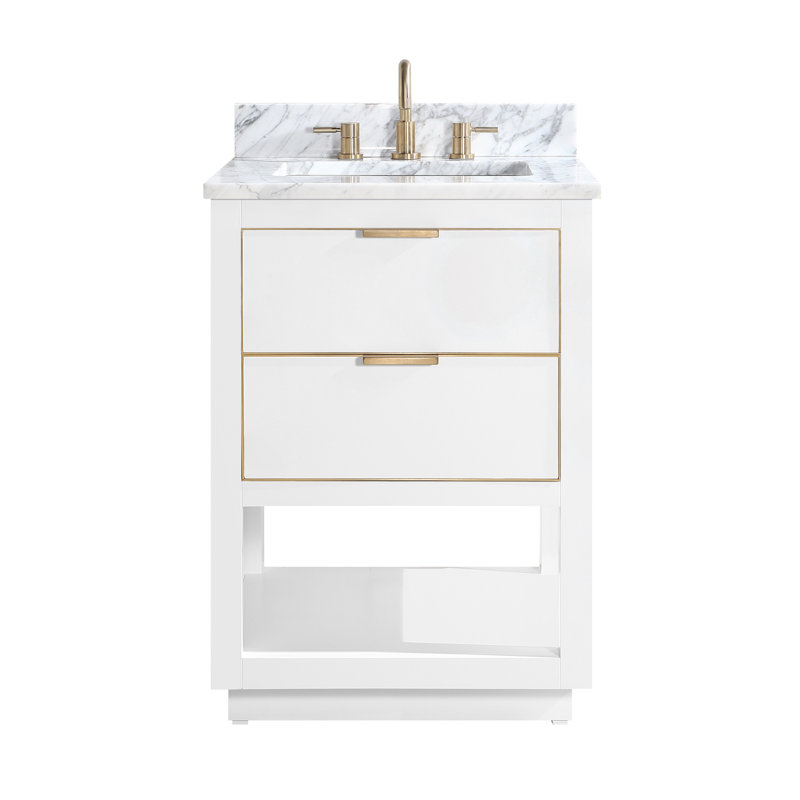 Allie 25" Single Bathroom Vanity Set, Carrara White Marble/Gold, White