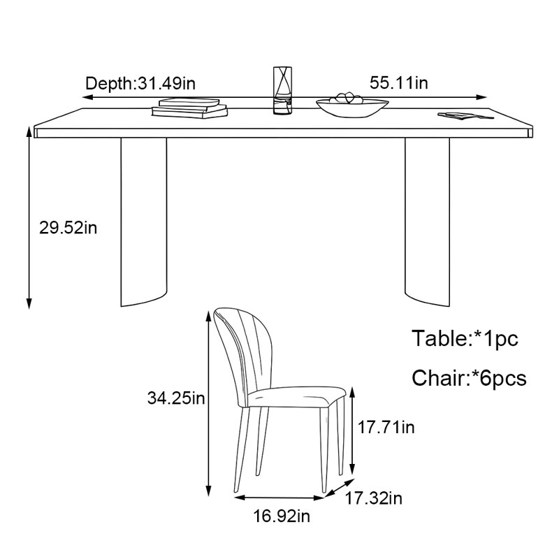 Rectangular modern simple dining table set, 29.52"H x 55.11"L x 31.49"W