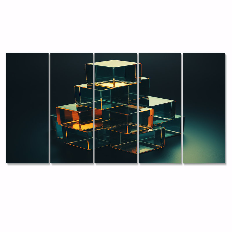 «Teal Cubist Balance», ensemble de 5 décorations murales abstraites, H 32 po x l 80 po