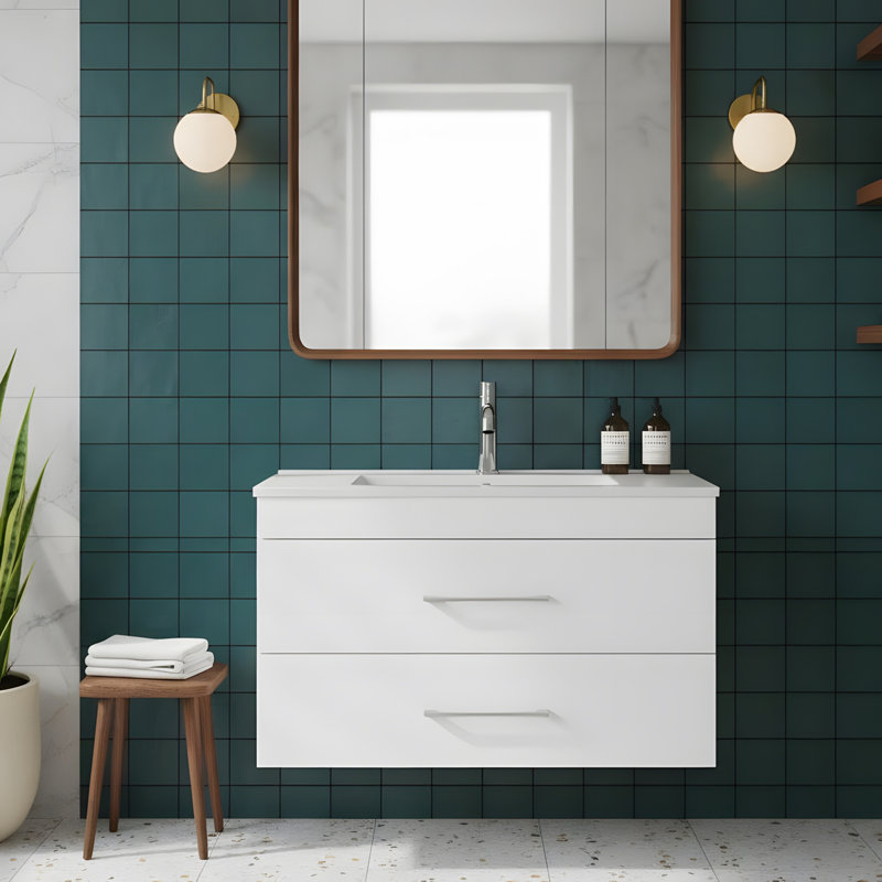 White Gloss Wall-Mounted Bathroom Vanity, 31"