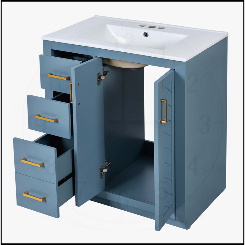 Ensemble de meuble-lavabo 30 po avec lavabo en céramique à 3 tiroirs et portes à fermeture douce, Indigo