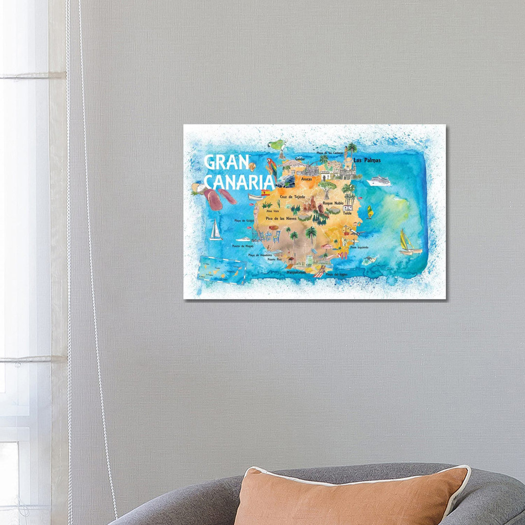 Gran Canary Canarias Spain Illustrated Map With Landmarks And Highlights by Markus & Martina Bleichner - Wrapped Canvas Painting