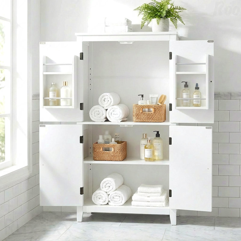 Elegant 4-Door Bathroom Floor Storage Cabinet with Adjustable Shelves - White, White