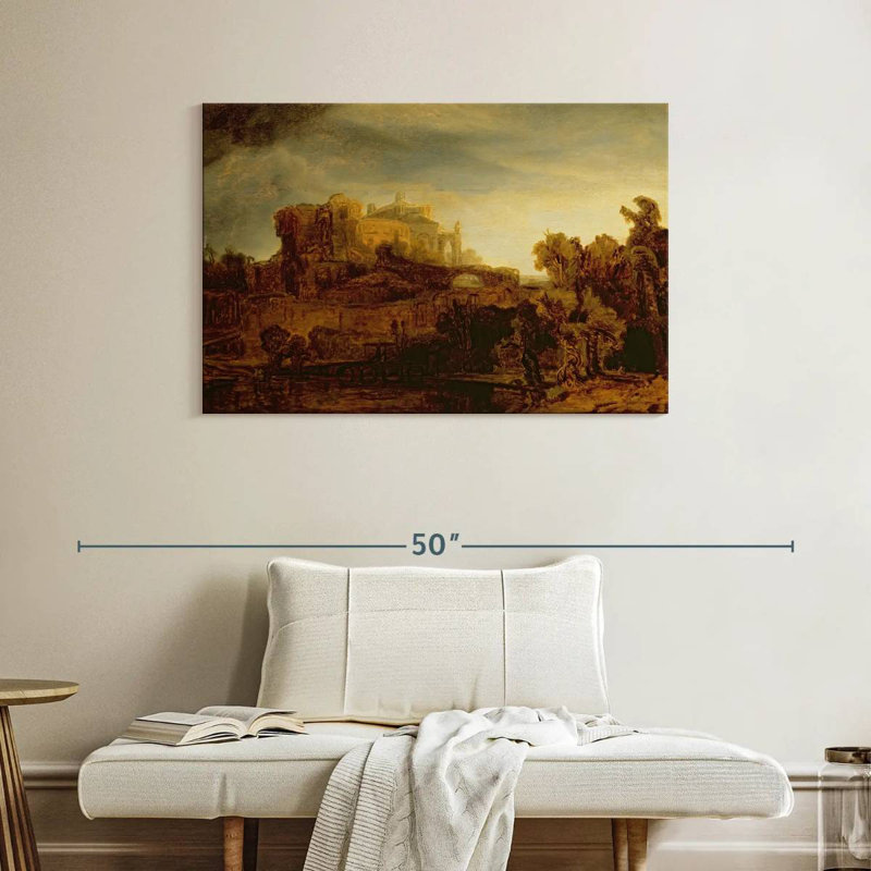 Lilie paysage avec un château, H 26 po x l 39 po