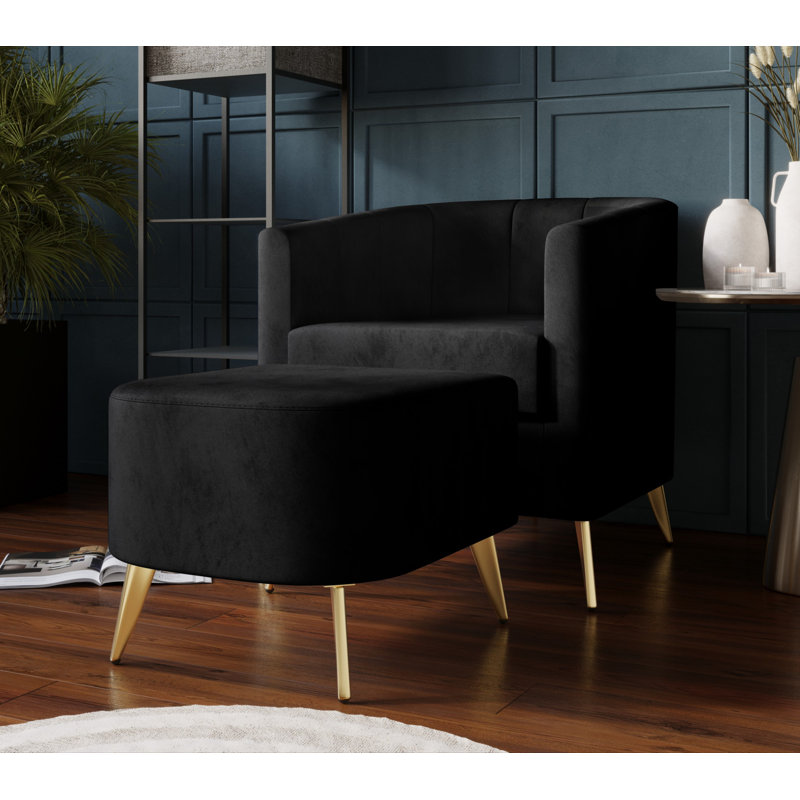 Ensemble de fauteuil demi-tonneau et repose-pieds Barchovice, Velours noir