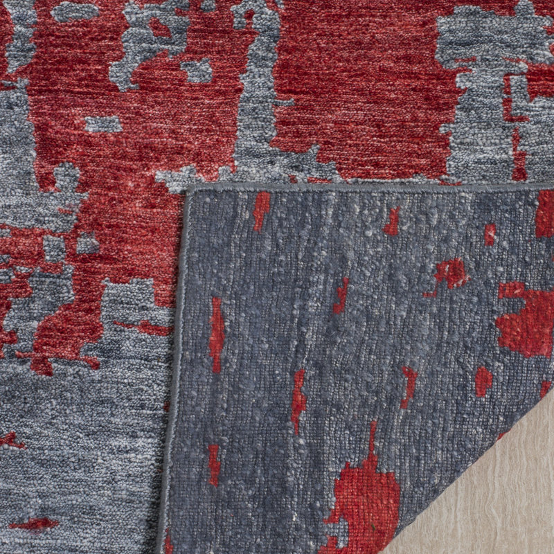 Tapis tibétain en viscose / coton noué à la main gris / rouge, Rectangle 9 pi x 12 pi