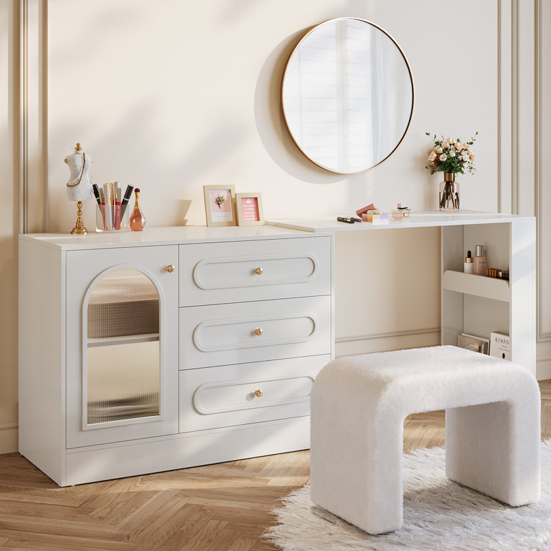 Modern Corner Vanity Desk with Storage, L-Shaped Makeup Vanity with Rotating Tabletop & Cabinet