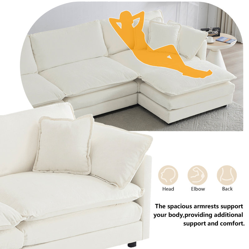 Chenille Cloud Sofa ，4-seat Sofa Couch with Ottoman for Living Room , 33" H x 111" W x 35" D, White Chenille