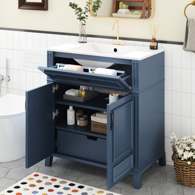 Meuble-lavabo de 30 po avec lavabo en céramique et bois massif - Style rétro, nombreuses options de rangement