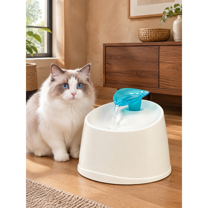44 oz White/Blue Cat Water Fountain with a kitty-style spout.