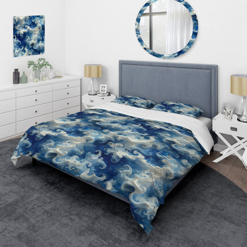 Ensemble de housse de couette abstrait bleu et blanc abstrait bleu océan, Housse de couette très grand + 2 taies décorativ