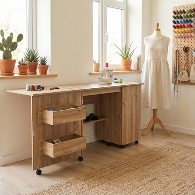 Grande table de couture pliante, table de machine à coudre avec tablettes de rangement, bureau d'appoint roulant au design compact
