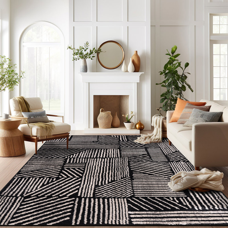 Rambo Geometric Black/Ivory Area Rug, Rectangle 10' x 14', Black