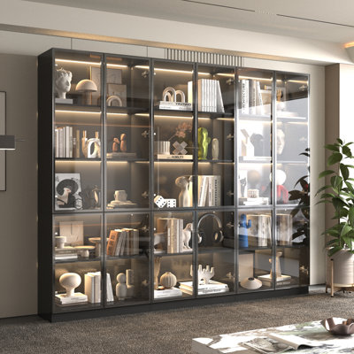 Bibliothèque à 78 niveaux H 78,7 po x l 94,5 po avec portes en verre et lumière DEL
