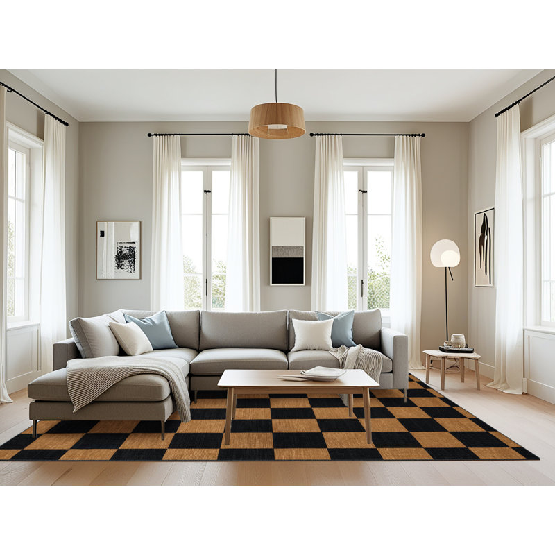 Tapis damier noir lavable à la machine, Rectangulaire 8 pi x 10 pi