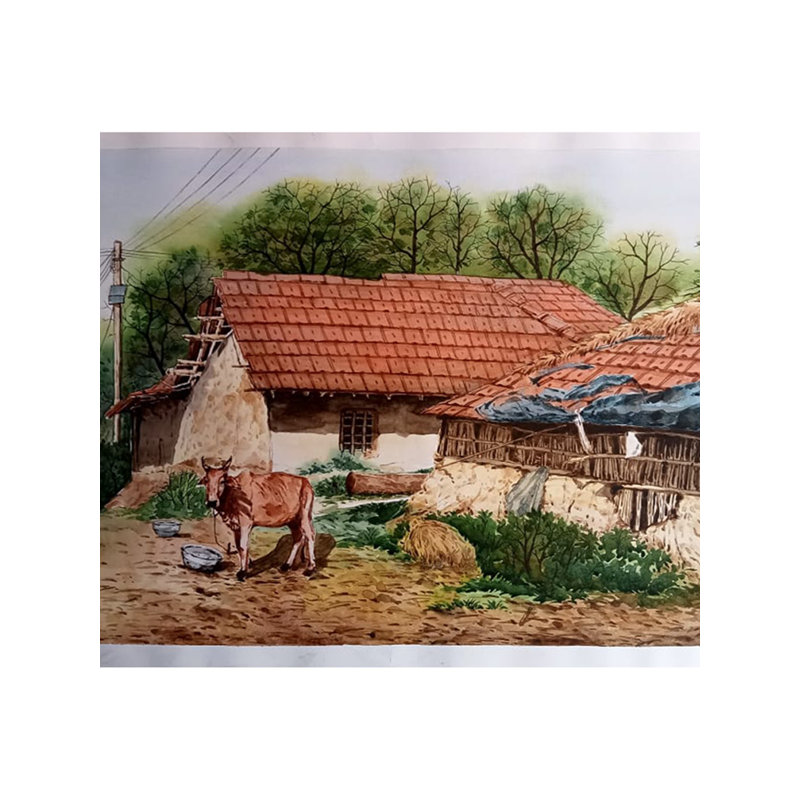 Village indien | Aquarelle sur toile | Par Rohit | Décoration murale