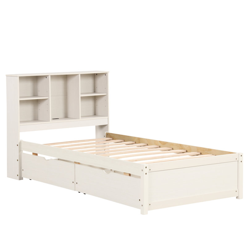 Lit simple blanchi à la chaux avec bibliothèque et charge, tête de lit avec cadre de rangement supplémentaire, utilitaire blanc délavé