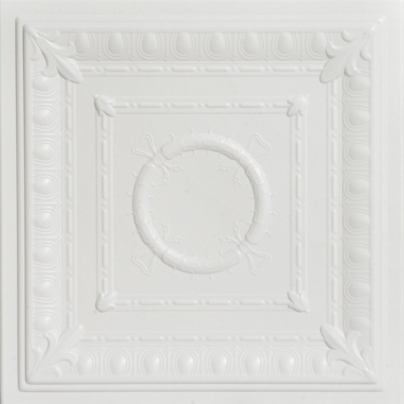Tuile de plafond en polystyrène à collage romane 1,6 pi x 1,6 pi Romanesque Wreath, Blanc colombe