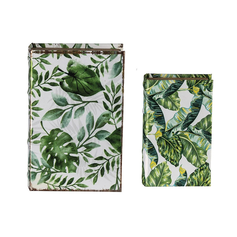 Ensemble de 2 boîtes à livres décoratives vertes et blanches botaniques, rangement en similicuir MDF pour la maison et le bureau