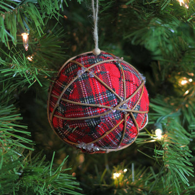 Red and Green Plaid Twine Christmas Ball Ornament 4" (100mm)
