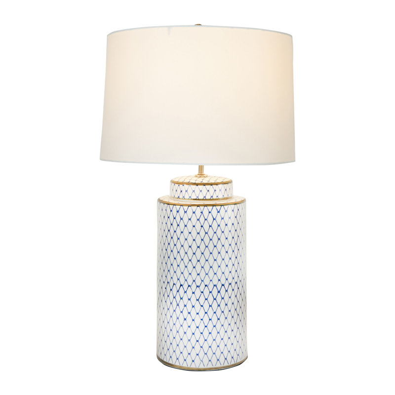 Ceramic Table Lamp with Linen Shade, White/Blue