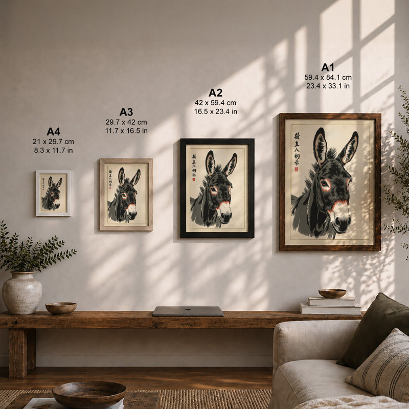 Donkey in Ink Japandi - Framed Print, A2 - 59.4 x 42.0 cm, Walnut