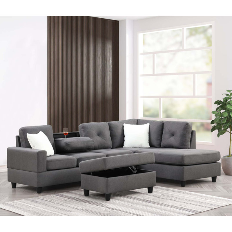 Canapé modulaire moderne en L avec design réversible et table rabattable, Charcoal Linen, Right Hand Facing