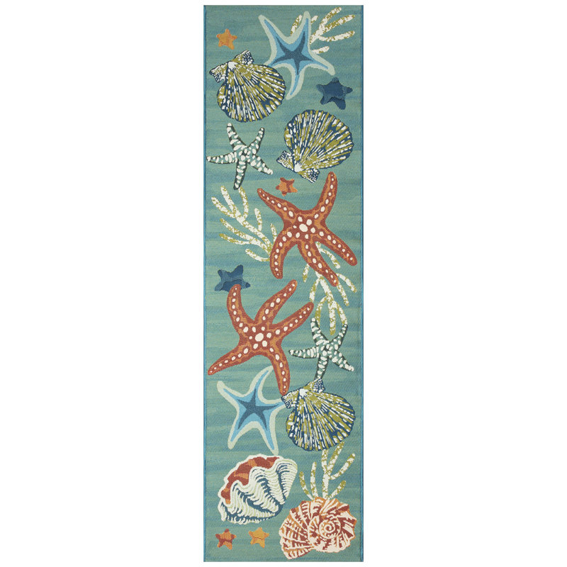 Tapis intérieur / extérieur Cecilio Red Barrel Studio® Marina Starfish Song Aqua, Tapis de couloir 1 pi 11 po x 7 pi 6 po