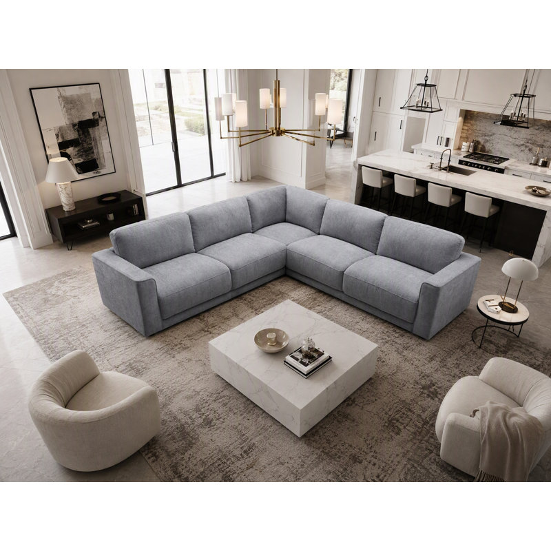 Canapé modulaire 3 pièces d'angle rembourré symétrique, Chenille gris pâle
