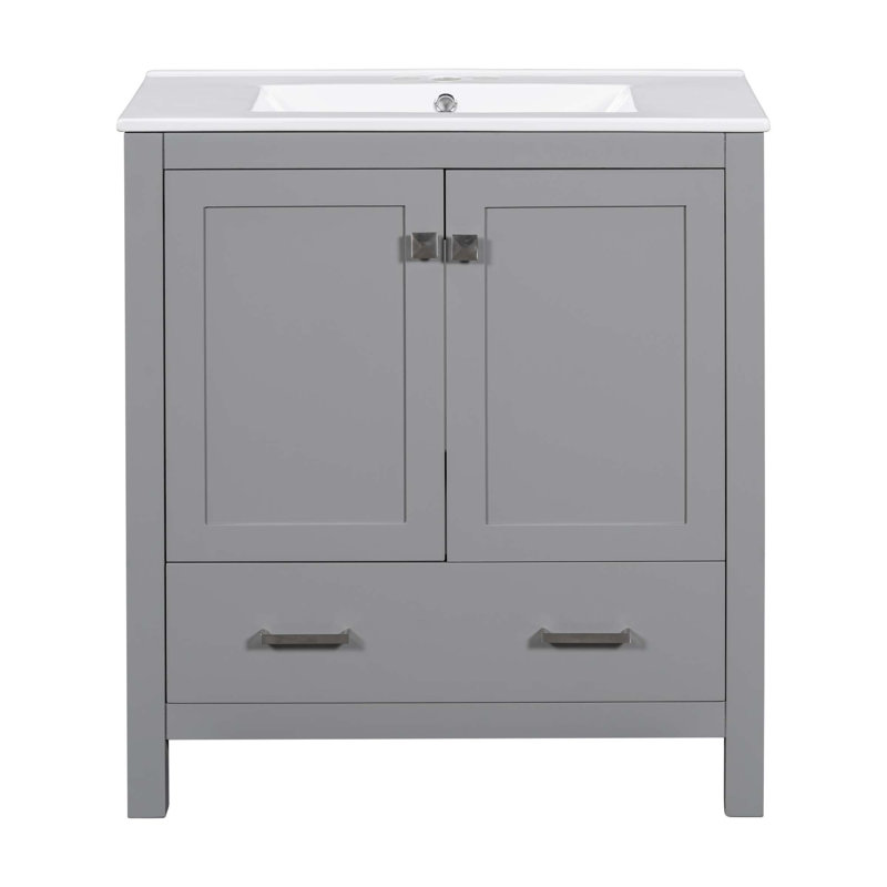 Meuble-lavabo avec lavabo simple, 2 portes à fermeture douce et 1 tiroir, Gris