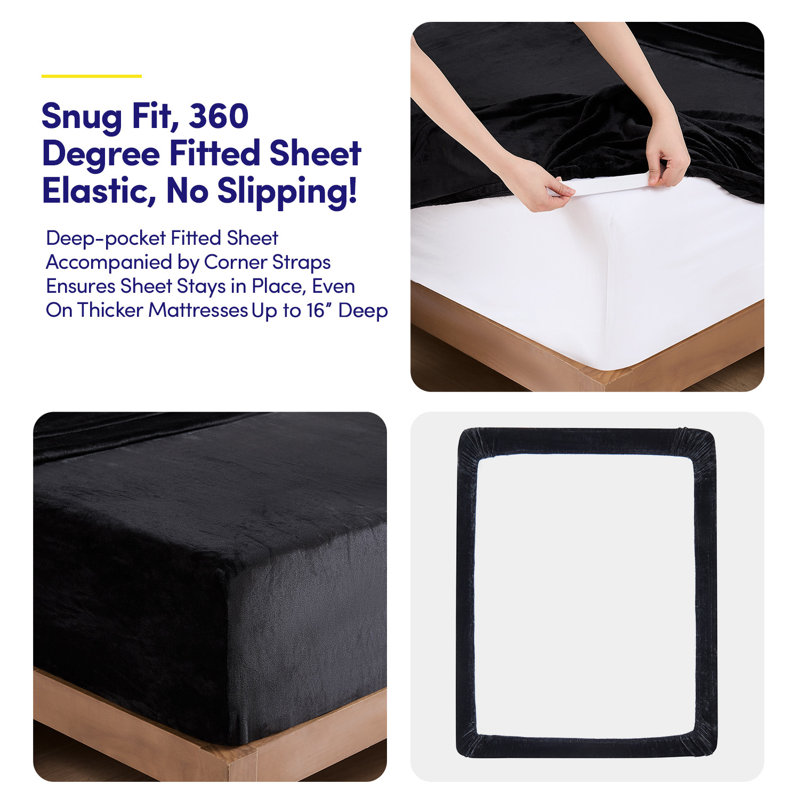 Ultra Soft Microplush Solid Fleece Sheet Set - Queen, Black, Queen Sheet Set with 2 Pillowcases, Black