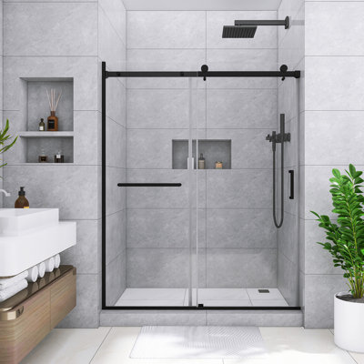 60 In. W X 75 In. H Reversible Sliding Semi-Frameless Shower Door In Matte Black Finish